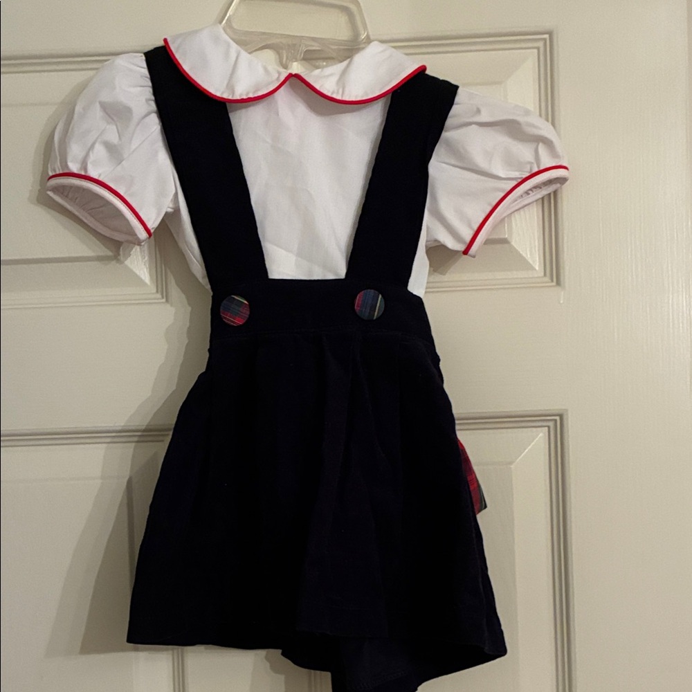The Beaufort Bonnet Company Navy Corduroy Pinafore with Plaid Accents and Shirt